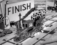 Porky's train bounces across the finish line.